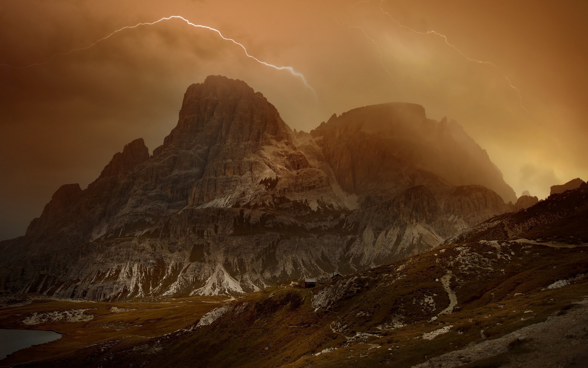 nature, Landscape, Lightning, Dolomites (mountains), Italy, Mist, Sky, Clouds, Storm, Cabin, Summer, Lake Wallpaper