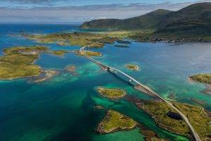 nature, Landscape, Island, Sea, Bridge, Norway, Village, Mountain, Summer, Water, Green