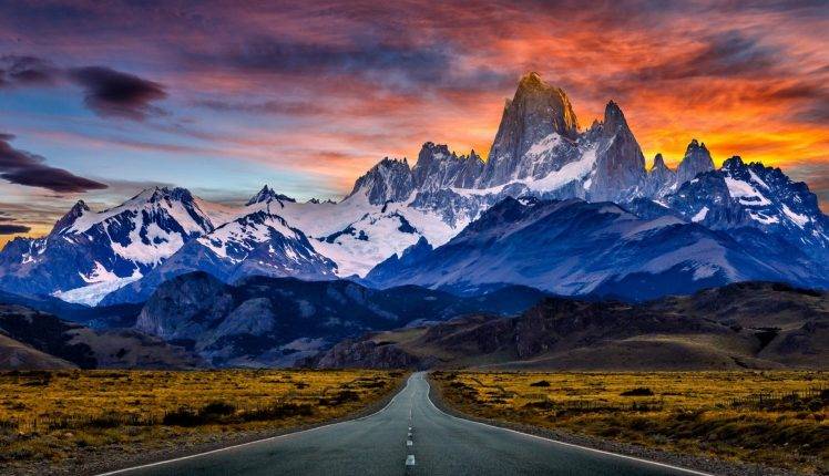 nature, Landscape, Road, Mountain, Sunset, Snowy Peak, Argentina, Sky, Clouds, Dry Grass, Fence HD Wallpaper Desktop Background