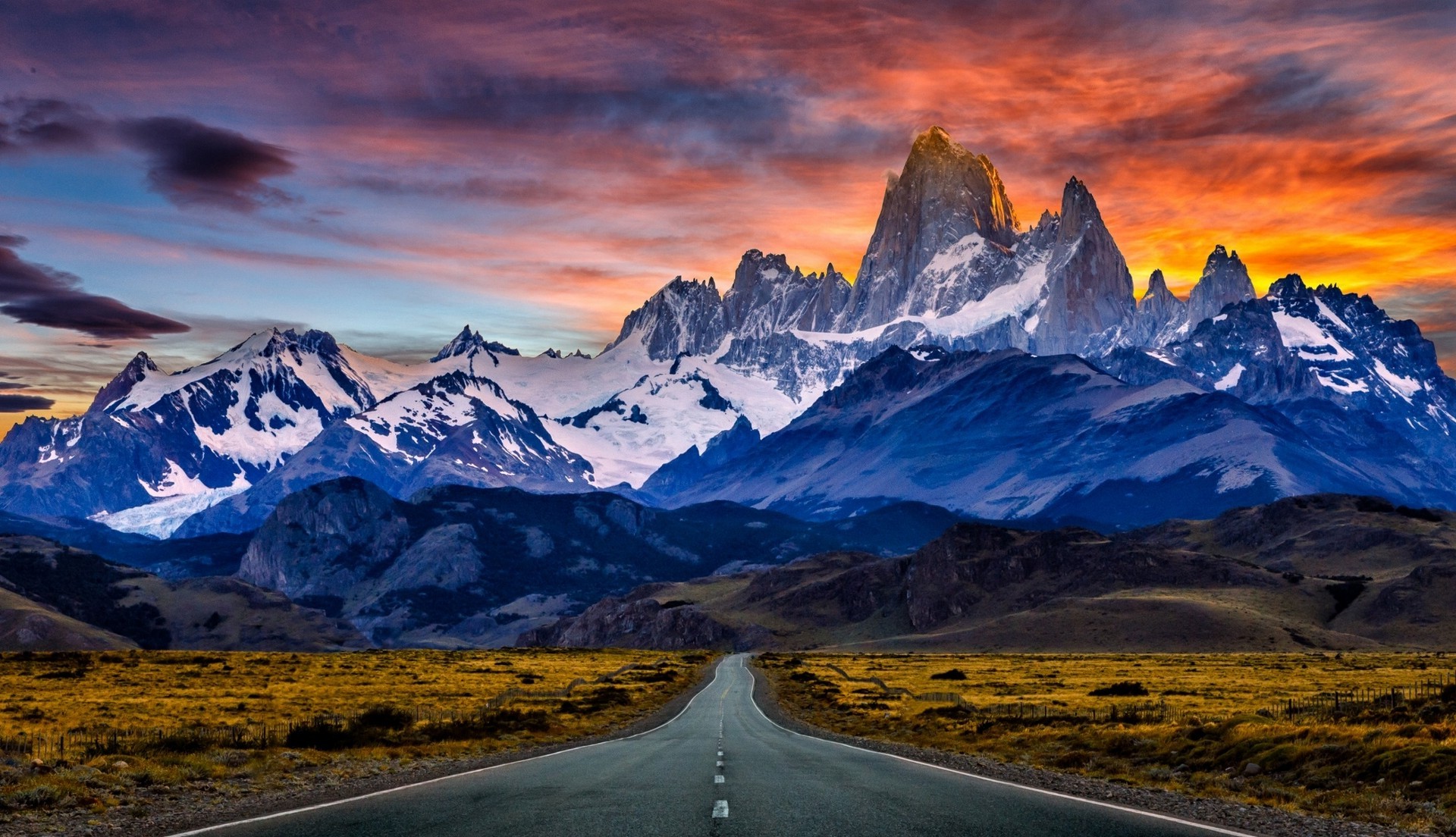 nature, Landscape, Road, Mountain, Sunset, Snowy Peak, Argentina, Sky, Clouds, Dry Grass, Fence Wallpaper
