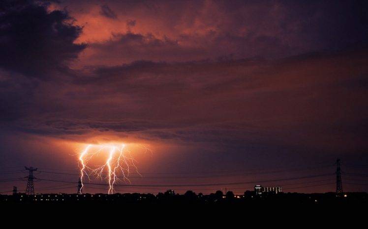 nature, Landscape, Lightning, Clouds, Sky, Electricity, Night, City, Storm HD Wallpaper Desktop Background