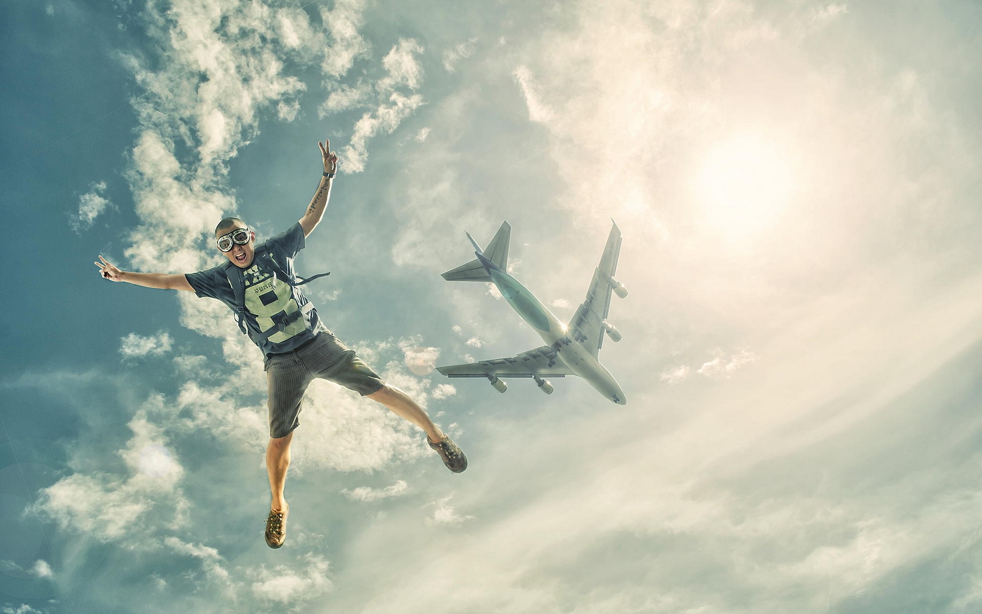 landscape, Jumping, Airplane, Sky, Sun, Clouds, Skydiver, Sports Wallpaper
