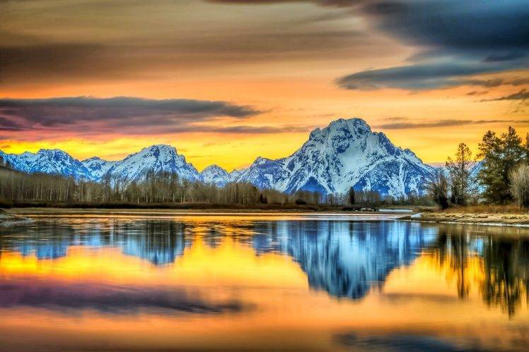 nature, Landscape, Mountain, River, Sunset, Grand Teton National Park, Reflection, Sky, Snowy Peak, Trees, Water, Clouds, Colorful, Wyoming HD Wallpaper Desktop Background