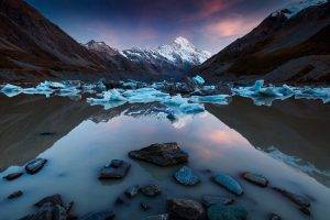 nature, Landscape, Lake, Mountain, Sunrise, Ice, Reflection, New Zealand, Snowy Peak, Water, Calm, Blue