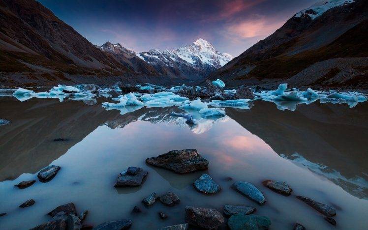nature, Landscape, Lake, Mountain, Sunrise, Ice, Reflection, New Zealand, Snowy Peak, Water, Calm, Blue HD Wallpaper Desktop Background