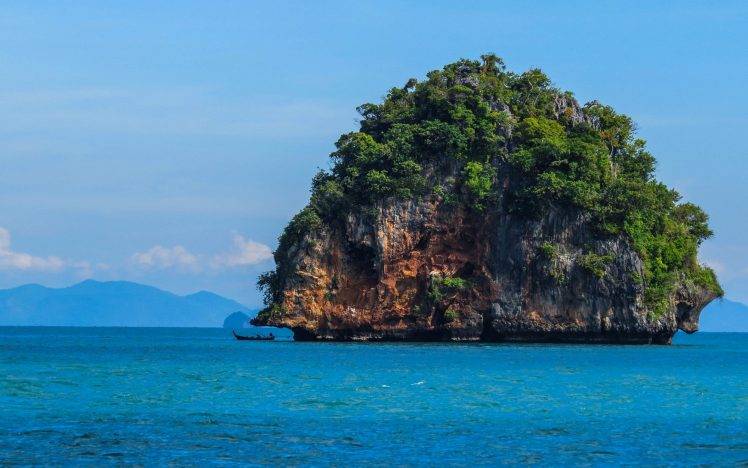 nature, Landscape, Sea, Boat, Rock, Huge, Trees, Limestone, Thailand, Tropical HD Wallpaper Desktop Background