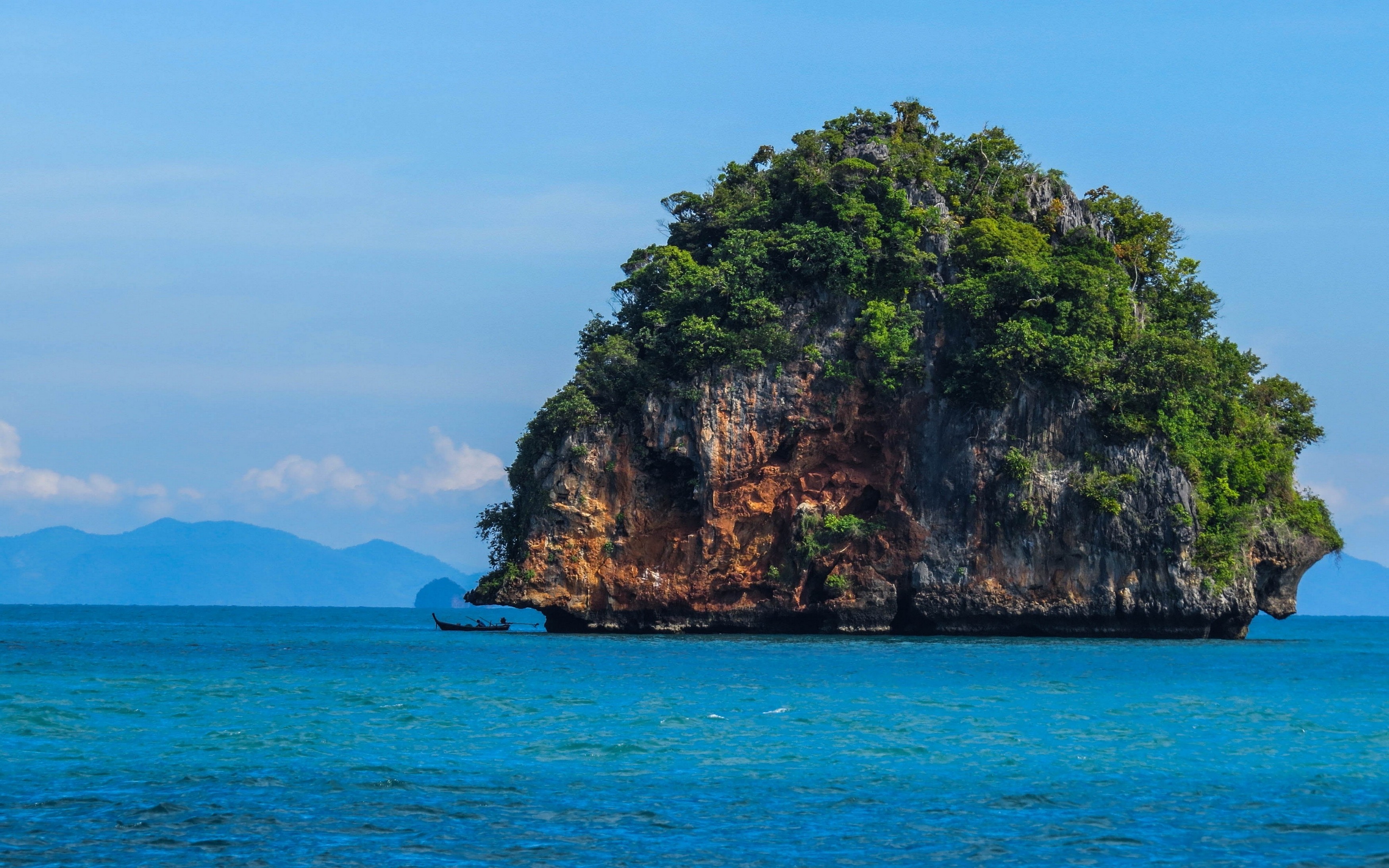 nature, Landscape, Sea, Boat, Rock, Huge, Trees, Limestone, Thailand, Tropical Wallpaper