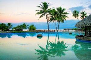 nature, Landscape, Swimming Pool, Reflection, Sunrise, Palm Trees, Resort, Water, Summer