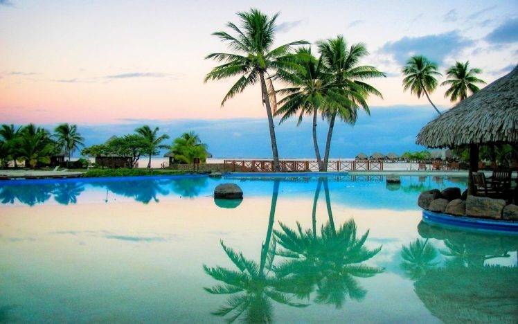 nature, Landscape, Swimming Pool, Reflection, Sunrise, Palm Trees, Resort, Water, Summer HD Wallpaper Desktop Background