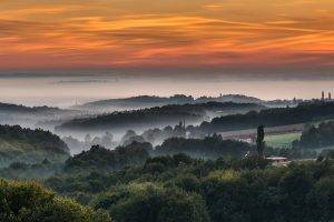 nature, Landscape, Mist, Sunrise, Forest, Village, Hill, Clouds, Slovenia, Sky