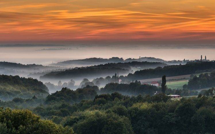 nature, Landscape, Mist, Sunrise, Forest, Village, Hill, Clouds, Slovenia, Sky HD Wallpaper Desktop Background
