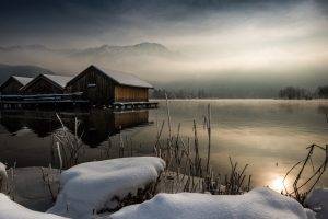 nature, Landscape, Winter, Calm, Cabin, Lake, Mist, Sunrise, Mountain, Snow, Reflection, Trees