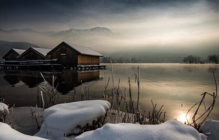 nature, Landscape, Winter, Calm, Cabin, Lake, Mist, Sunrise, Mountain, Snow, Reflection, Trees HD Wallpaper Desktop Background