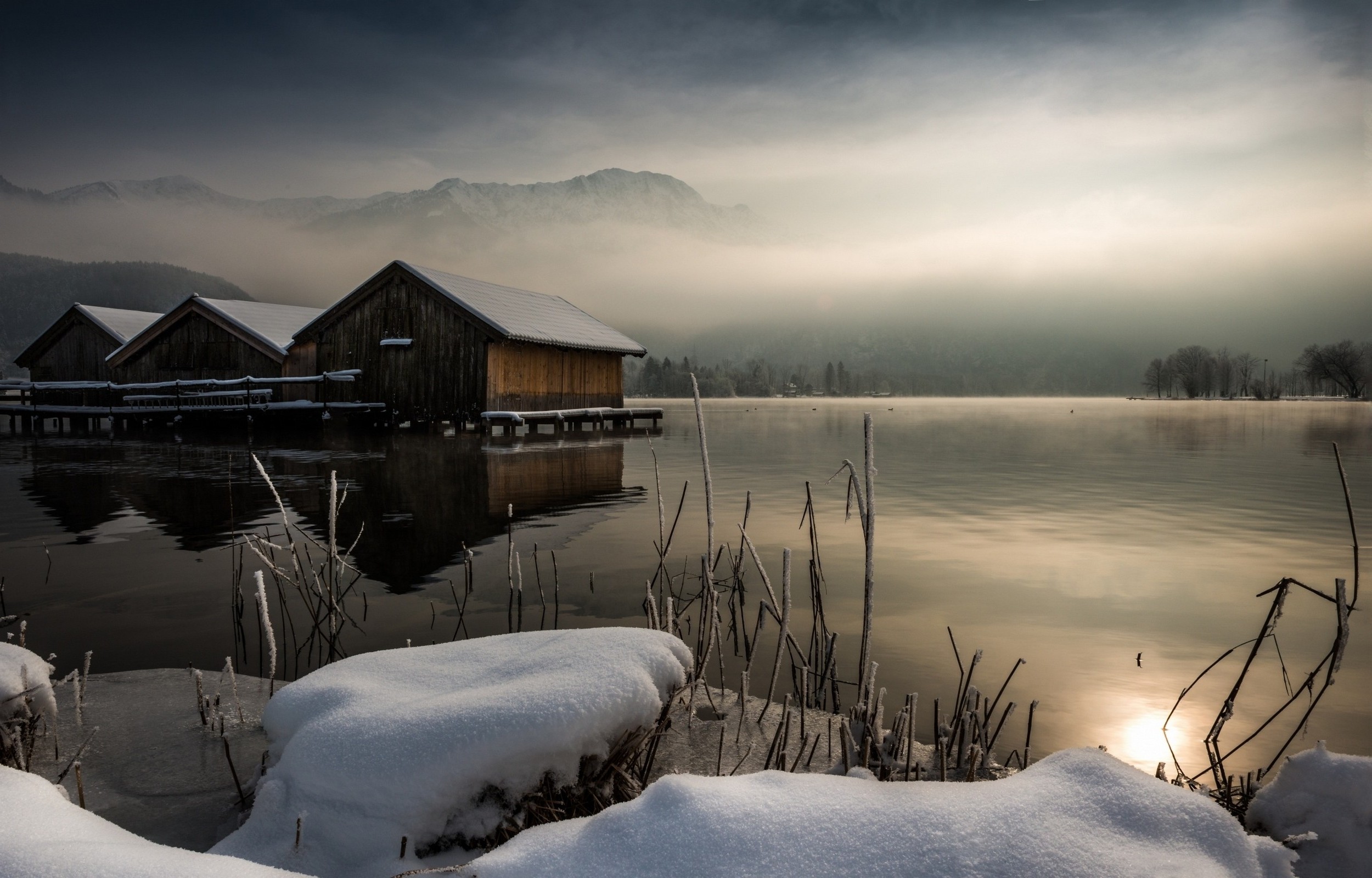 nature, Landscape, Winter, Calm, Cabin, Lake, Mist, Sunrise, Mountain, Snow, Reflection, Trees Wallpaper