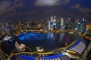 landscape, Cityscape, Architecture, Modern, Singapore, Skyscraper, Urban, Night, Clouds, Lights, Bay