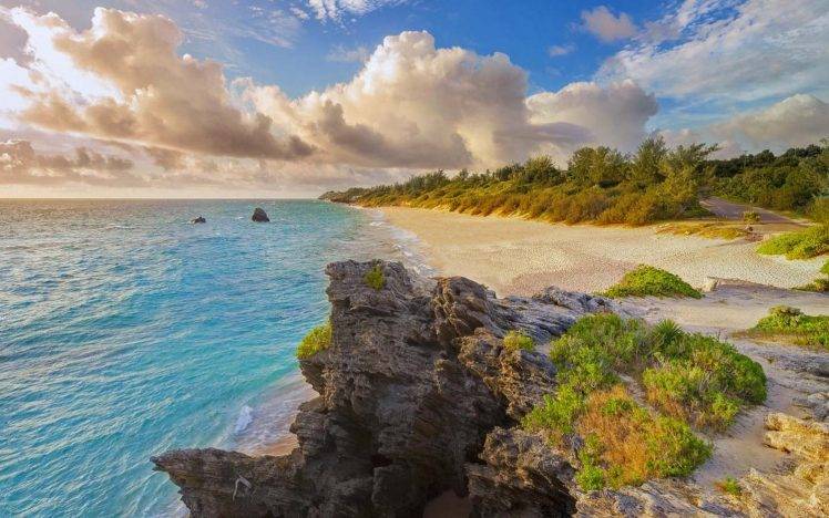 nature, Landscape, Beach, Bermuda, Island, Sea, Sand, Clouds, Shrubs, Road, Rock, Water HD Wallpaper Desktop Background
