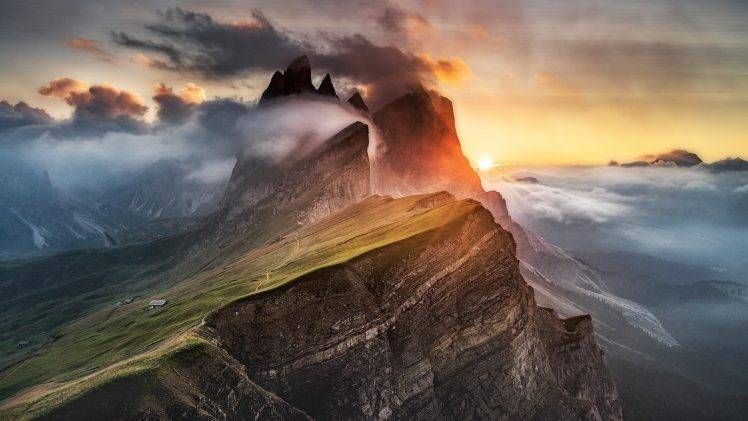 nature, Landscape, Mountain, Sunset, Hill, Clouds, Mist HD Wallpaper Desktop Background