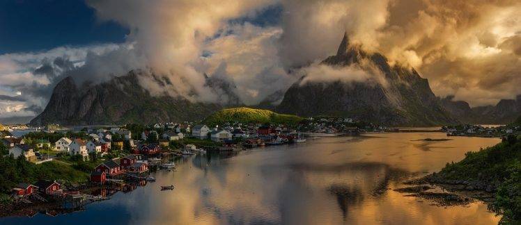 nature, Landscape, Norway, Sunset, Clouds, Mountain, Town, Island, Lofoten, Sea, Fjord, Sunlight, Summer, Boat HD Wallpaper Desktop Background