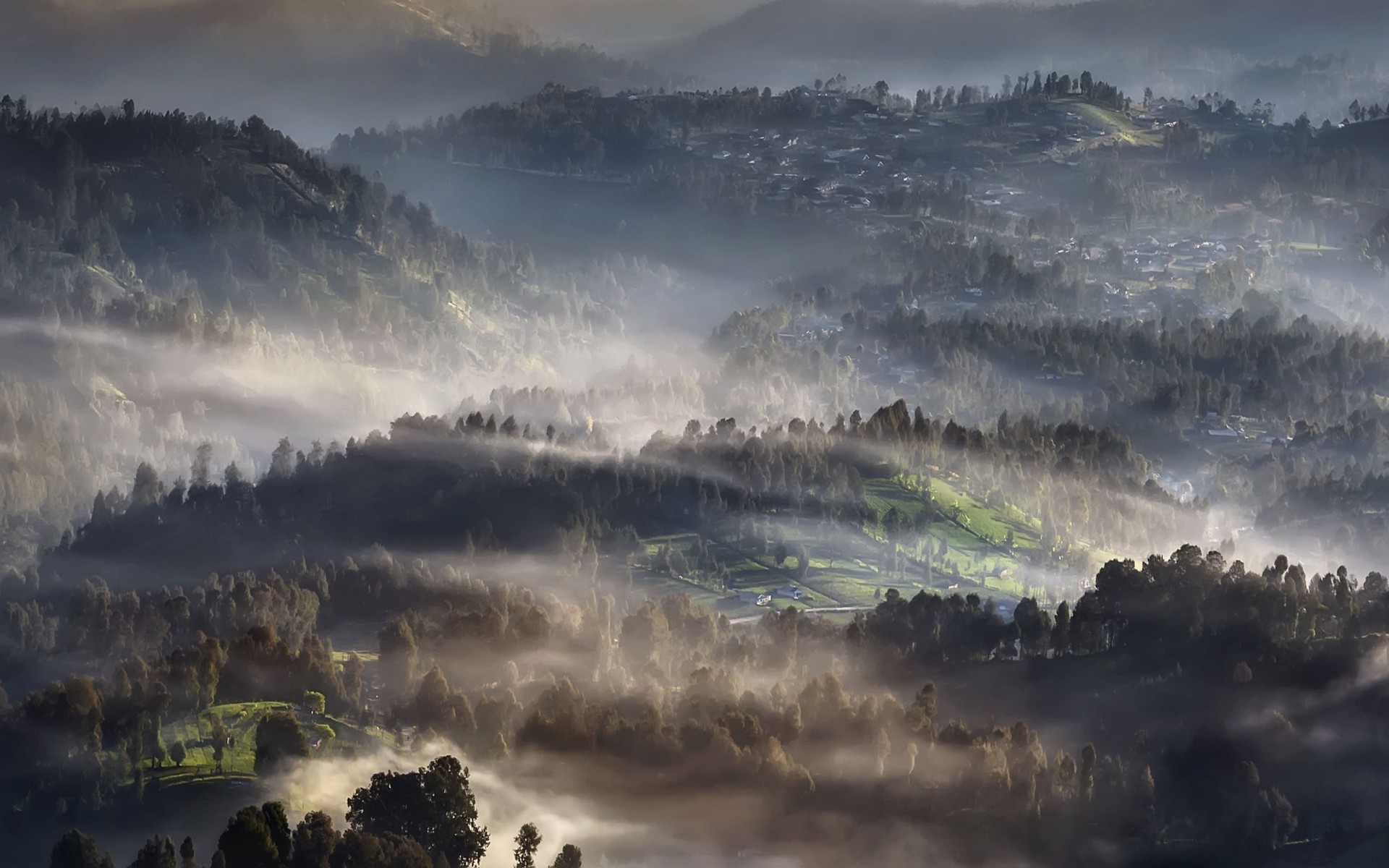 nature, Landscape, Mist, Sunrise, Village, Trees, Hill, Morning Wallpaper