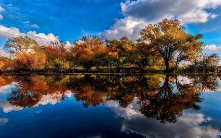 nature, Landscape, Lake, Trees, Reflection, Shrubs, Clouds, Water, Fall, Blue, Calm HD Wallpaper Desktop Background