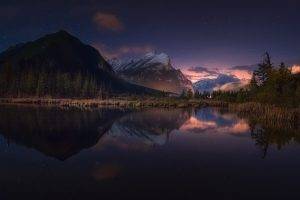 nature, Landscape, Starry Night, Lake, Mountain, Reflection, Forest, Snowy Peak, Banff National Park, Canada, Shrubs, Water, Calm
