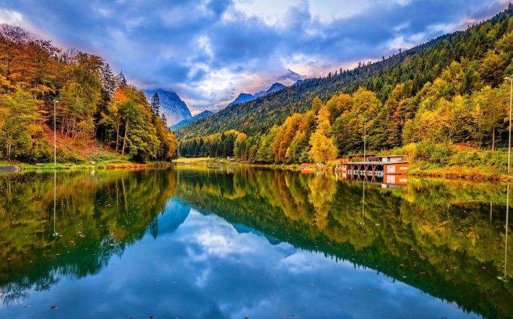 lake, Nature, Forest, Landscape, Mountain, Fall, Reflection, Water, Clouds, Germany, Trees HD Wallpaper Desktop Background