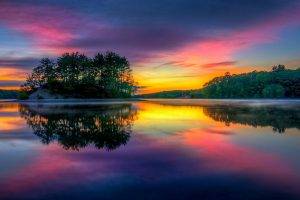 sunrise, Colorful, Lake, Island, Nature, Landscape, Reflection, Mist, Sky, Trees, Massachusetts, Water, Clouds, Calm