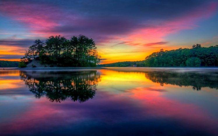 sunrise, Colorful, Lake, Island, Nature, Landscape, Reflection, Mist, Sky, Trees, Massachusetts, Water, Clouds, Calm HD Wallpaper Desktop Background