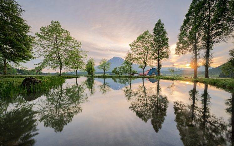 landscape, Nature, Japan, Trees, Sunrise, Reflection, Mountain, Grass, Water, Pond, Spring HD Wallpaper Desktop Background