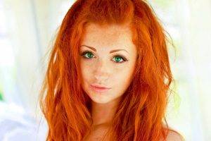 green Eyes, Women, Model, Redhead, Face, Portrait, Freckles