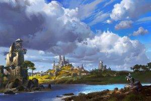 artwork, Concept Art, Building, Castle, River, Clouds, Landscape, Knights, Water