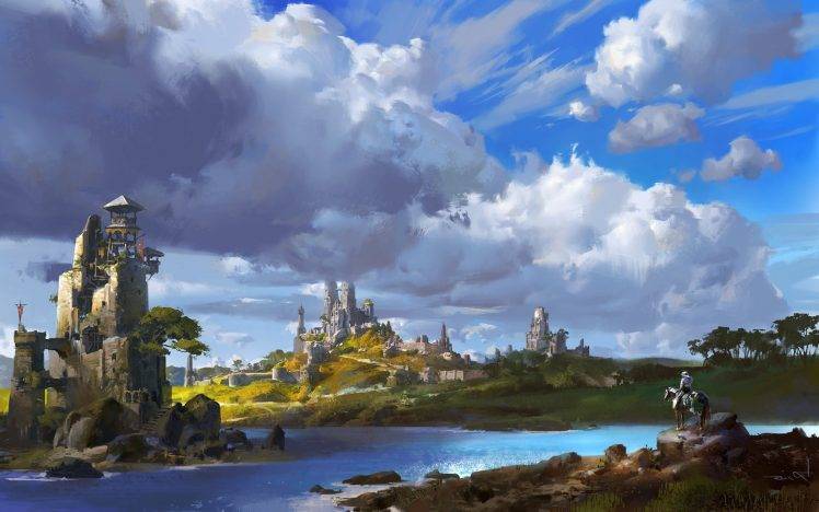 artwork, Concept Art, Building, Castle, River, Clouds, Landscape, Knights, Water HD Wallpaper Desktop Background