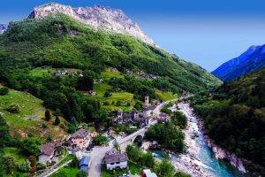 nature, Landscape, Trees, Mountain, River, Town, Bridge, Switzerland, Architecture, Forest
