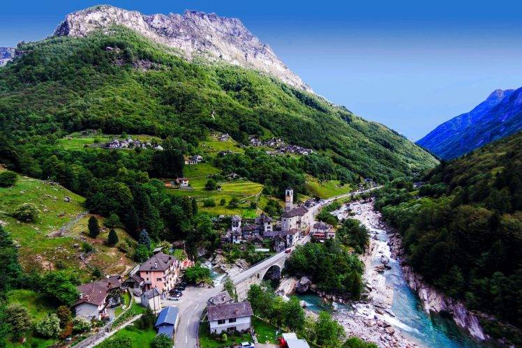 nature, Landscape, Trees, Mountain, River, Town, Bridge, Switzerland, Architecture, Forest HD Wallpaper Desktop Background