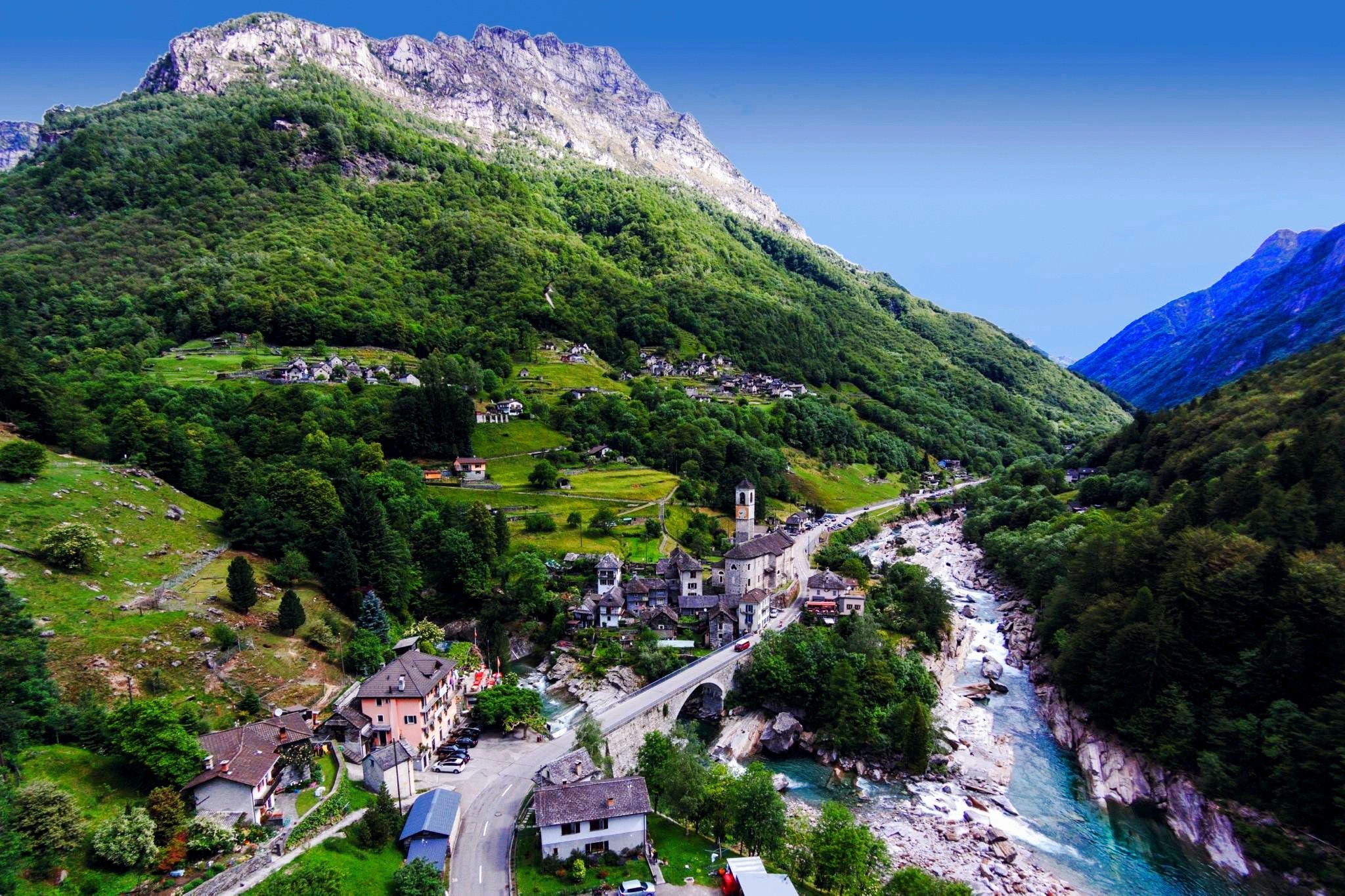 nature, Landscape, Trees, Mountain, River, Town, Bridge, Switzerland, Architecture, Forest Wallpaper
