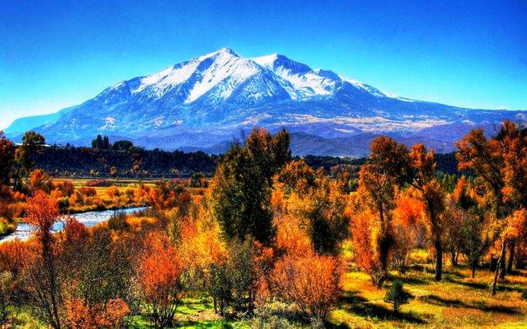 landscape, Nature, Fall, Mountain, River, Trees, Snowy Peak, Grass HD Wallpaper Desktop Background