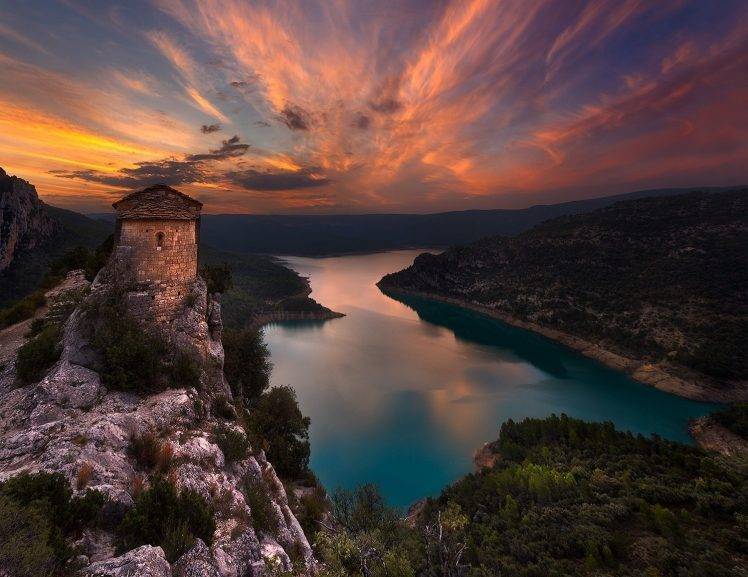 nature, Landscape, Sunset, Lake, Church, Old, Sky, Clouds, Forest, Mountain, Water, History, Spain HD Wallpaper Desktop Background
