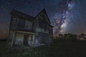 nature, Landscape, Abandoned, House, Starry Night, Milky Way, Galaxy, Grass, South Dakota, Long Exposure, Dark, Spooky