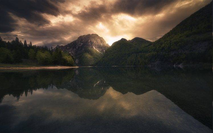 nature, Landscape, Lake, Mountain, Sky, Clouds, Forest, Water, Sunset, Italy, Reflection, Birds, Flying, Sunlight, Atmosphere HD Wallpaper Desktop Background
