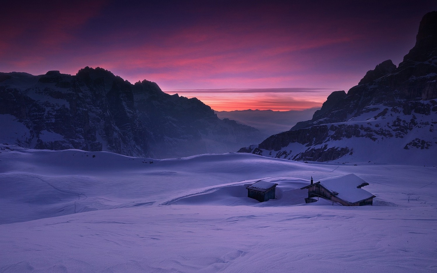 nature, Landscape, Mountain, Snow, Sunrise, Cabin, Clouds, Sky, Dolomites (mountains), Italy, Winter, Cold Wallpaper