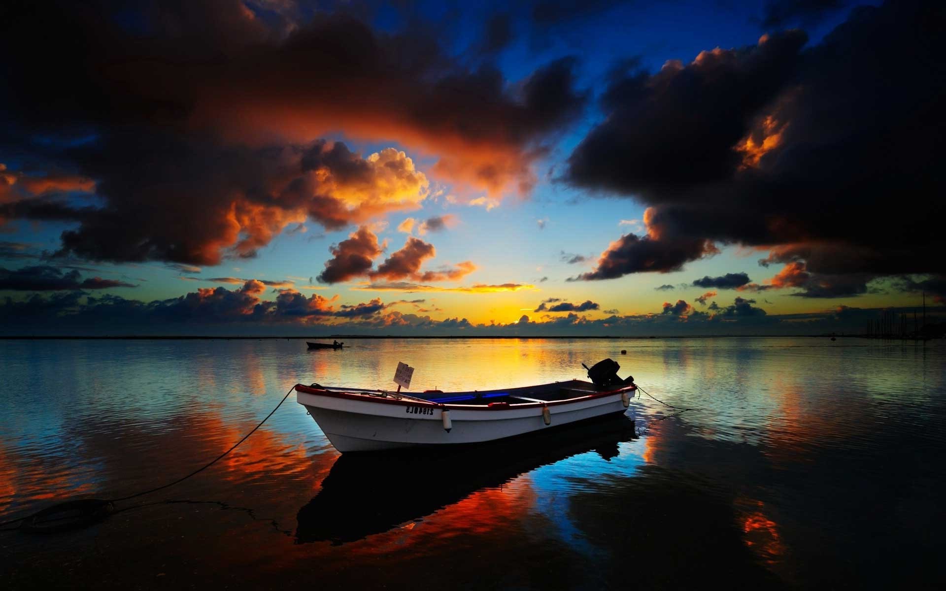 landscape, Boat, Water, Sea, Sunset Wallpaper