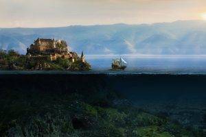 castle, Fantasy Art, Sailing Ships, Split View