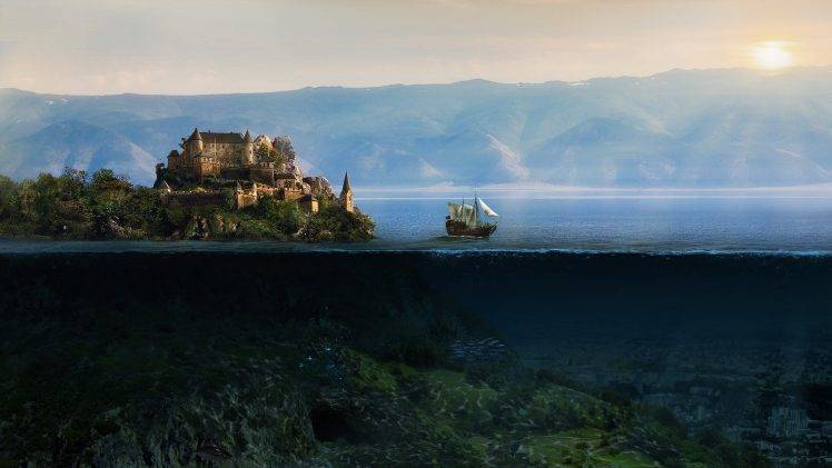 castle, Fantasy Art, Sailing Ships, Split View HD Wallpaper Desktop Background