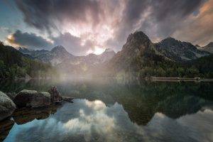 nature, Landscape, Lake, Mountain, Reflection, Mist, Sunrise, Forest, Clouds, Water, Sky