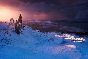 nature, Landscape, Winter, Sunrise, Old Man Of Storr, Snow, Clouds, Sea, Island, Summit, Scotland