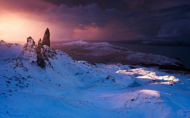 nature, Landscape, Winter, Sunrise, Old Man Of Storr, Snow, Clouds, Sea, Island, Summit, Scotland HD Wallpaper Desktop Background