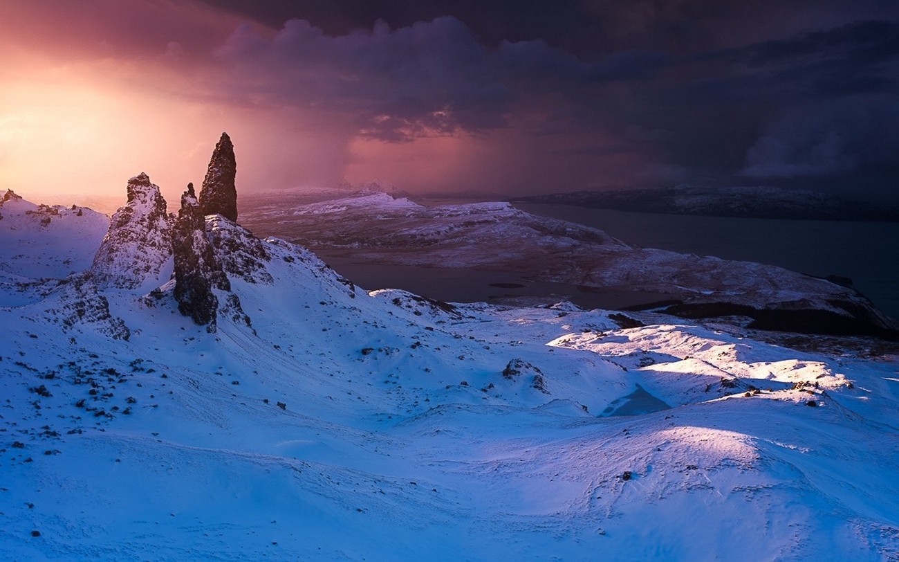 nature, Landscape, Winter, Sunrise, Old Man Of Storr, Snow, Clouds, Sea, Island, Summit, Scotland Wallpaper