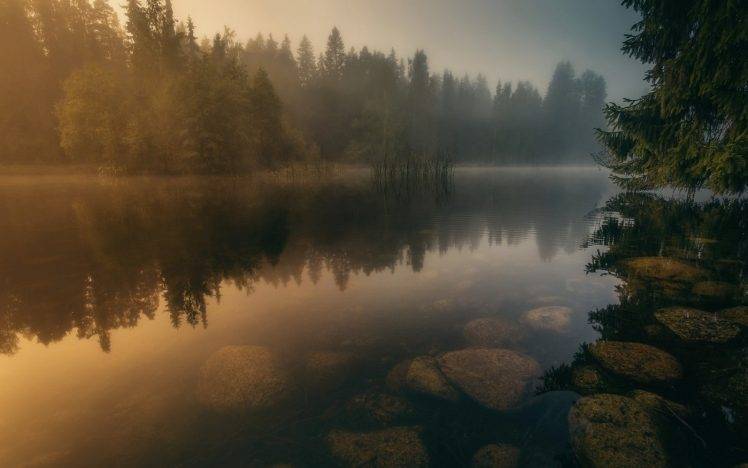 nature, Landscape, River, Calm, Water, Mist, Forest, Sunrise, Finland, Stones, Trees, Reflection HD Wallpaper Desktop Background