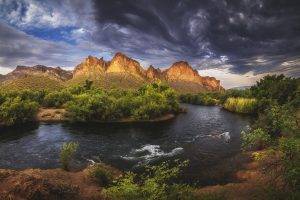 landscape, Nature, River, Mountain, Clouds, Trees, Shrubs, Arizona, Sky, Storm, Sunset