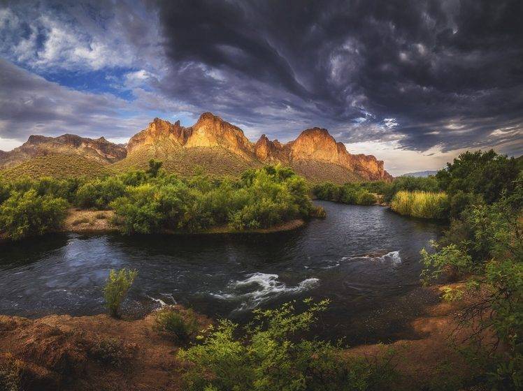 landscape, Nature, River, Mountain, Clouds, Trees, Shrubs, Arizona, Sky, Storm, Sunset HD Wallpaper Desktop Background